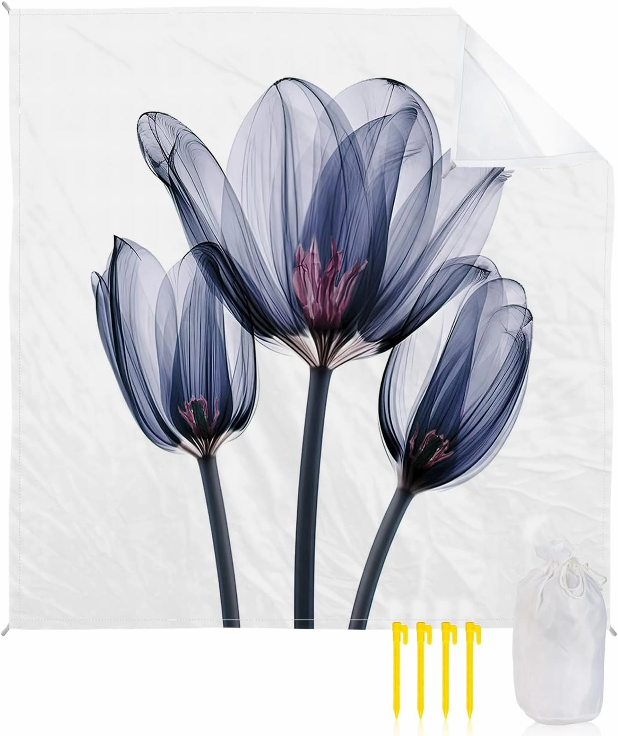 Beach Blanket, Blue Tulips Flowers Abstract Sandproof Waterproof Outdoor Mat Quick Drying Beach Accessories for Vacation Holiday Picnic Camping, 79"x83" for 1-4 Adults