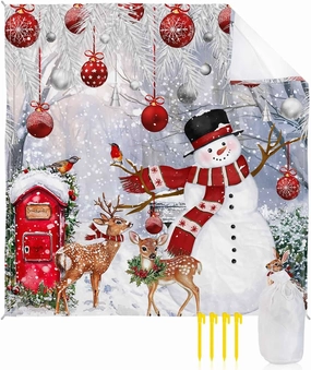 Beach Blanket, Cartoon Illustration Silver Pine Needle Snowman Deer Sandproof Waterproof Outdoor Mat Quick Drying Beach Accessories for Vacation Holiday Picnic Camping, 79"x83" for 1-4 Adults