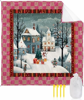 Beach Blanket, Christmas Tree Branch Snowman Pink Plaid Snow Sandproof Waterproof Outdoor Mat Quick Drying Beach Accessories for Vacation Holiday Picnic Camping, 79"x83" for 1-4 Adults
