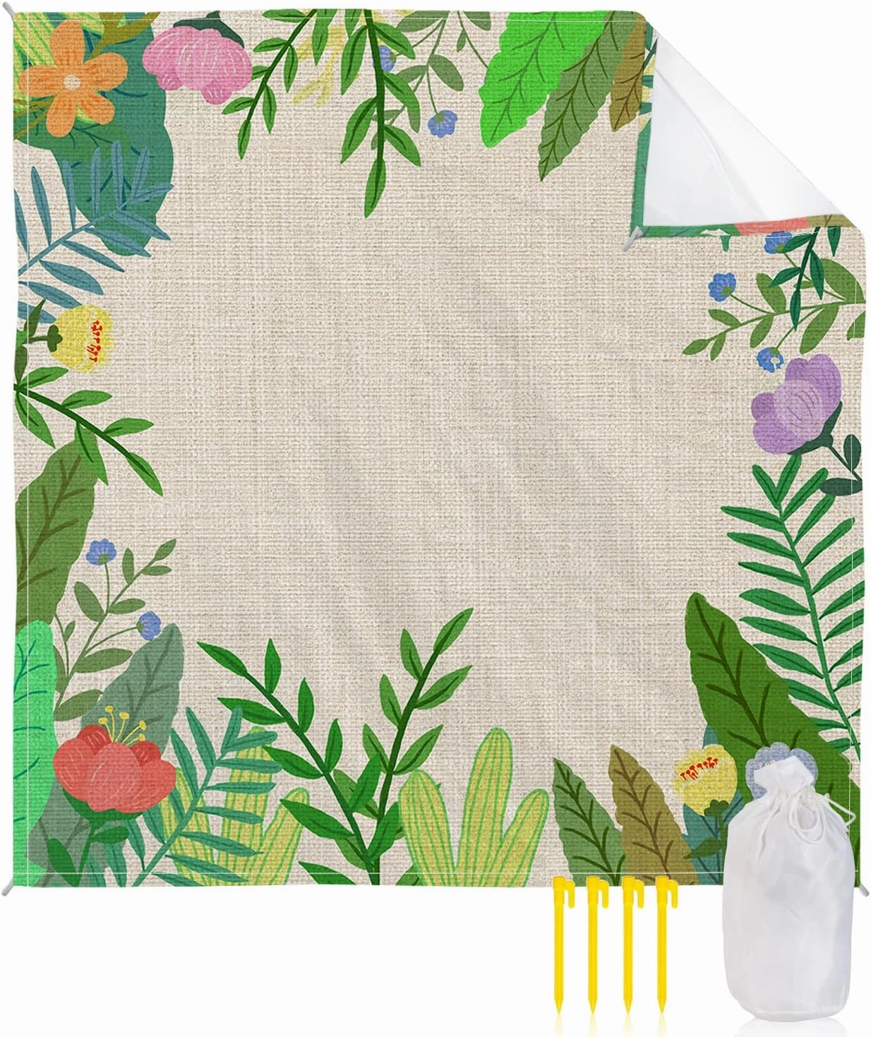 Beach Blanket, Floral Grass Green Plant Sandproof Waterproof Outdoor Mat Quick Drying Beach Accessories for Vacation Holiday Picnic Camping, 79"x83" for 1-4 Adults