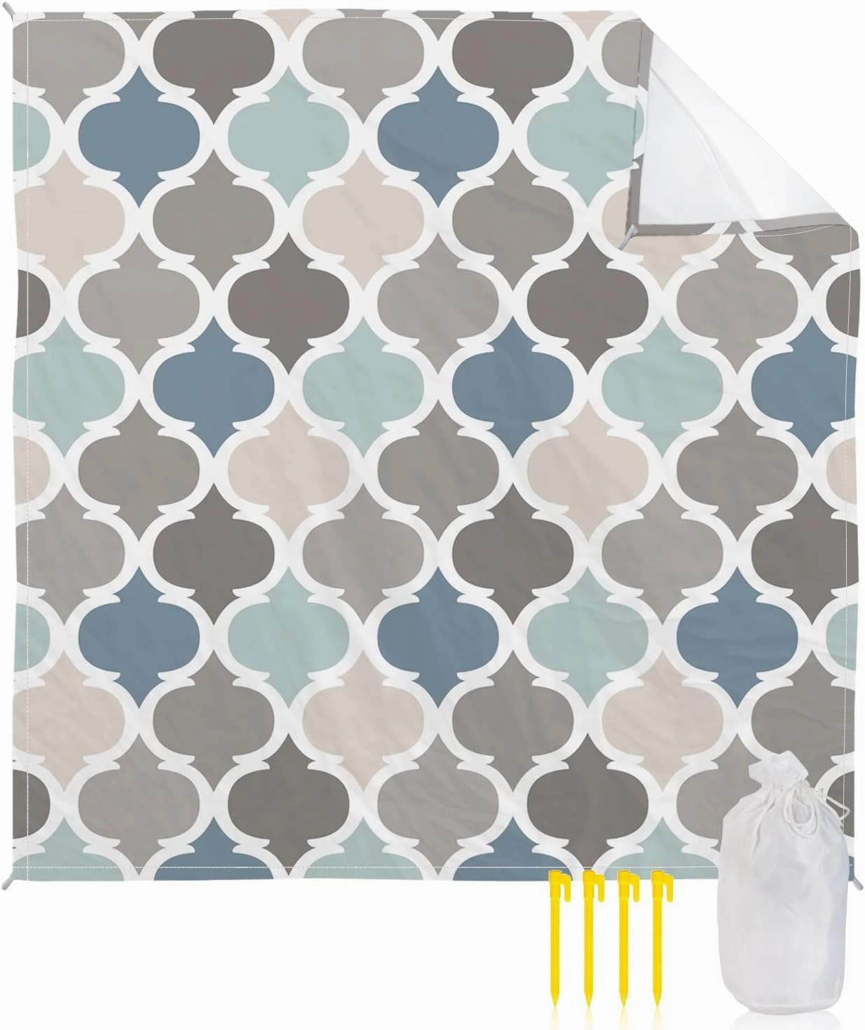 Beach Blanket, Indigo Grey Moroccan Pattern Sandproof Waterproof Outdoor Mat Quick Drying Beach Accessories for Vacation Holiday Picnic Camping, 79"x83" for 1-4 Adults