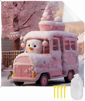 Beach Blanket, Merry Christmas Pink Car Snowman Sandproof Waterproof Outdoor Mat Quick Drying Beach Accessories for Vacation Holiday Picnic Camping, 79"x83" for 1-4 Adults