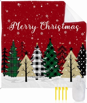 Beach Blanket, Merry Christmas Plaid Xmas Tree Snow Red Sandproof Waterproof Outdoor Mat Quick Drying Beach Accessories for Vacation Holiday Picnic Camping, 79"x83" for 1-4 Adults