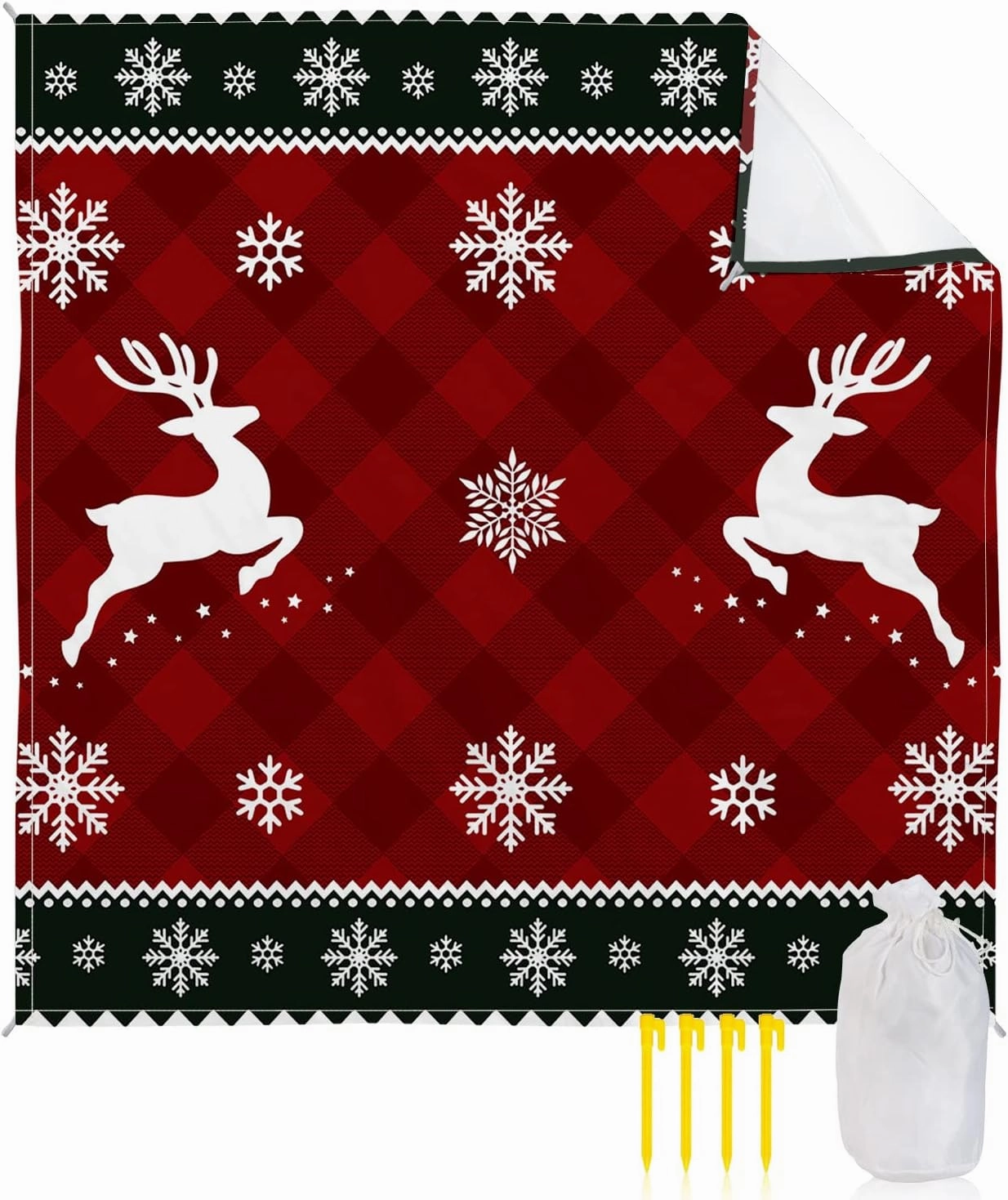 Beach Blanket, Merry Christmas Snowflake Farmhouse Xmas Green Sandproof Waterproof Outdoor Mat Quick Drying Beach Accessories for Vacation Holiday Picnic Camping, 79"x83" for 1-4 Adults