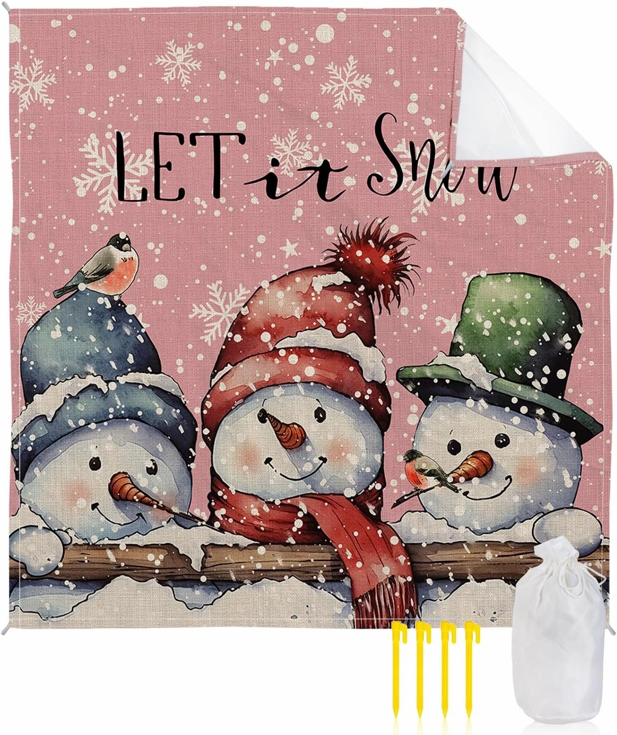 Beach Blanket, Merry Christmas Snowman Pink Bird Sandproof Waterproof Outdoor Mat Quick Drying Beach Accessories for Vacation Holiday Picnic Camping, 79"x83" for 1-4 Adults