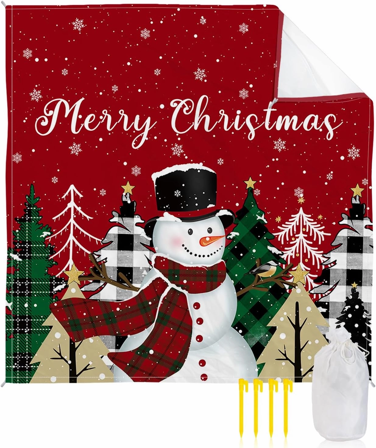 Beach Blanket, Merry Christmas Snowman Snowflake Plaid Xmas Tree Sandproof Waterproof Outdoor Mat Quick Drying Beach Accessories for Vacation Holiday Picnic Camping, 79"x83" for 1-4 Adults