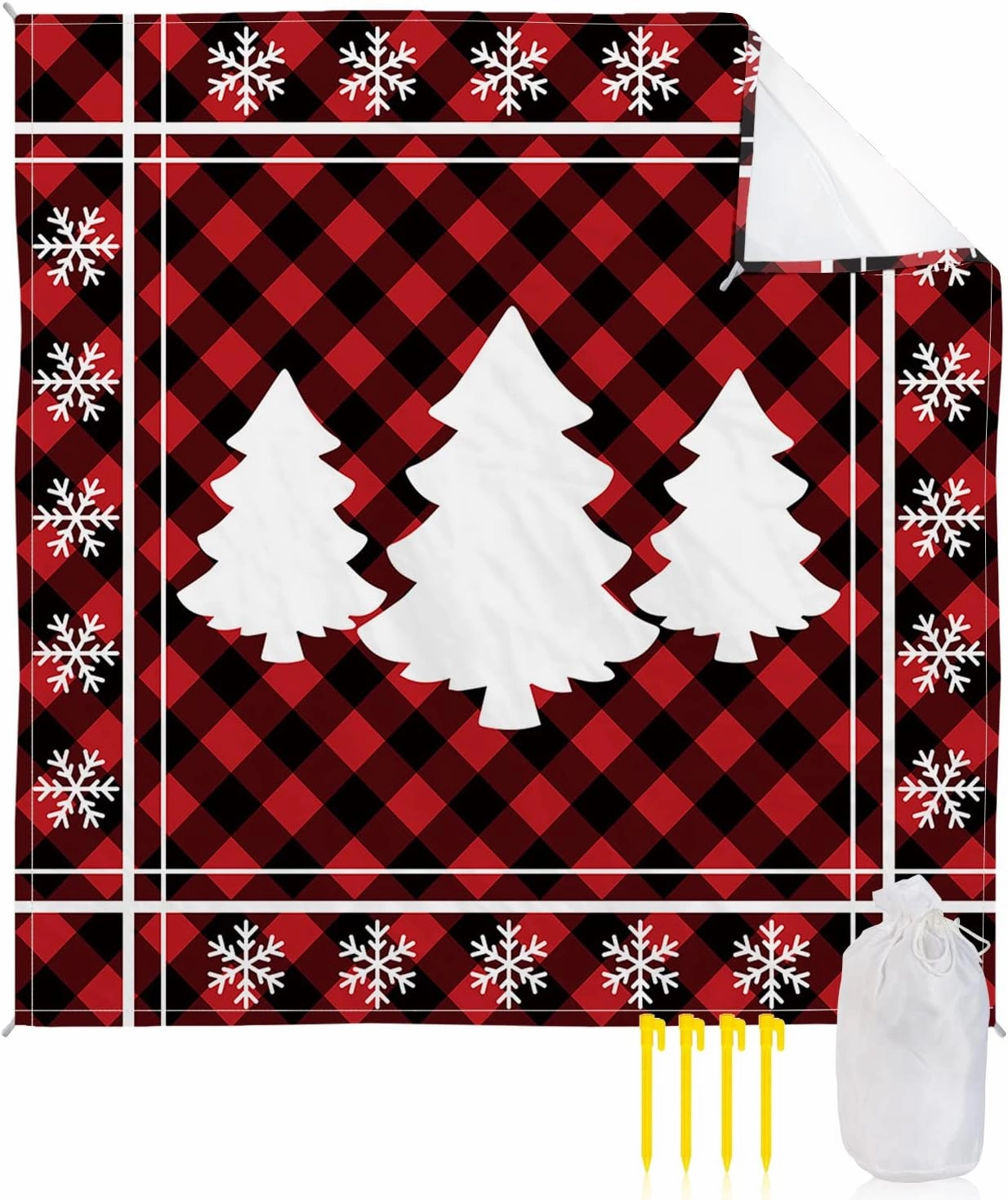Beach Blanket, Merry Christmas Winter Snowflake Xmas Tree Red Black Buffalo Plaid Sandproof Waterproof Outdoor Mat Quick Drying Beach Accessories for Vacation Picnic Camping, 79"x83" for 1-4 Adults