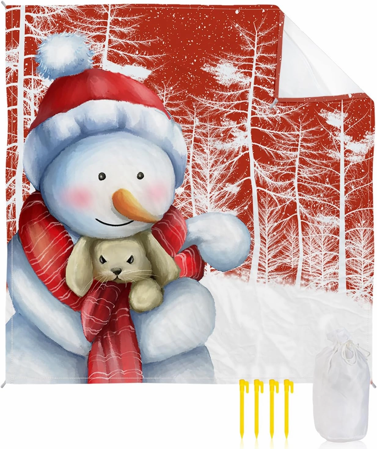 Beach Blanket, Merry Christmas Winter Tree Xmas Snowman Sandproof Waterproof Outdoor Mat Quick Drying Beach Accessories for Vacation Holiday Picnic Camping, 79"x83" for 1-4 Adults