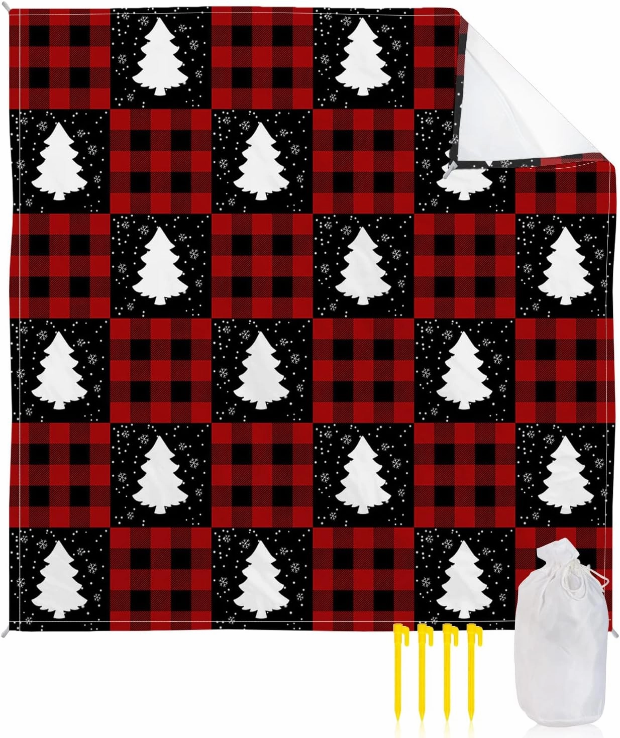 Beach Blanket, Merry Christmas Xmas Trees Red Buffalo Plaid Sandproof Waterproof Outdoor Mat Quick Drying Beach Accessories for Vacation Holiday Picnic Camping, 79"x83" for 1-4 Adults
