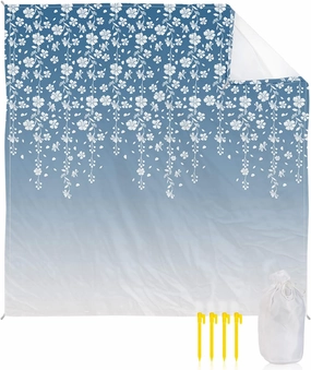 Beach Blanket, Ombre Floral Blue Flower Sandproof Waterproof Outdoor Mat Quick Drying Beach Accessories for Vacation Holiday Picnic Camping, 79"x83" for 1-4 Adults