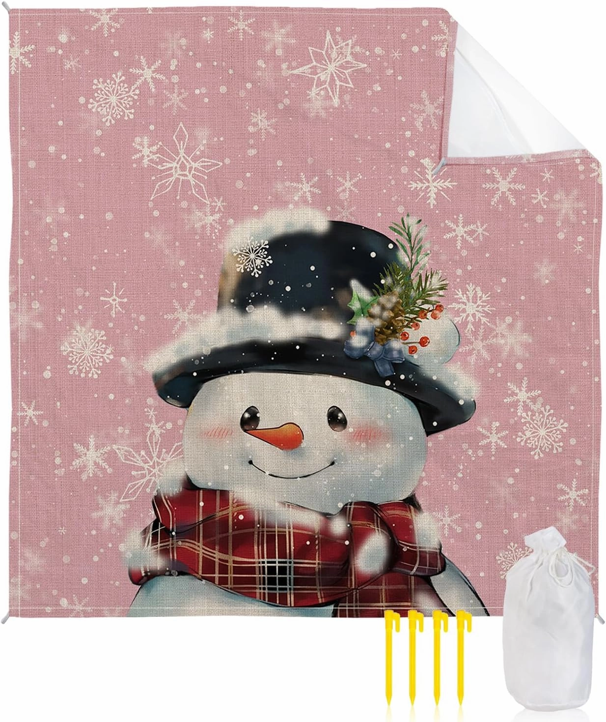 Beach Blanket, Pink Christmas Snowman Snowflake Xmas Hat Sandproof Waterproof Outdoor Mat Quick Drying Beach Accessories for Vacation Holiday Picnic Camping, 79"x83" for 1-4 Adults