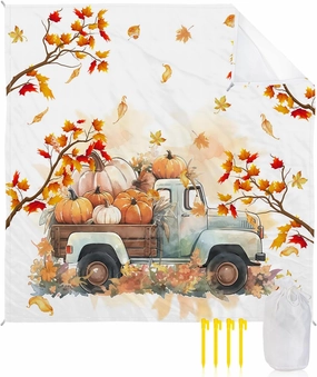 Beach Blanket, Pumpkin Truck Maple Leaf Thanksgiving Fall Sandproof Waterproof Outdoor Mat Quick Drying Beach Accessories for Vacation Holiday Picnic Camping, 79"x83" for 1-4 Adults