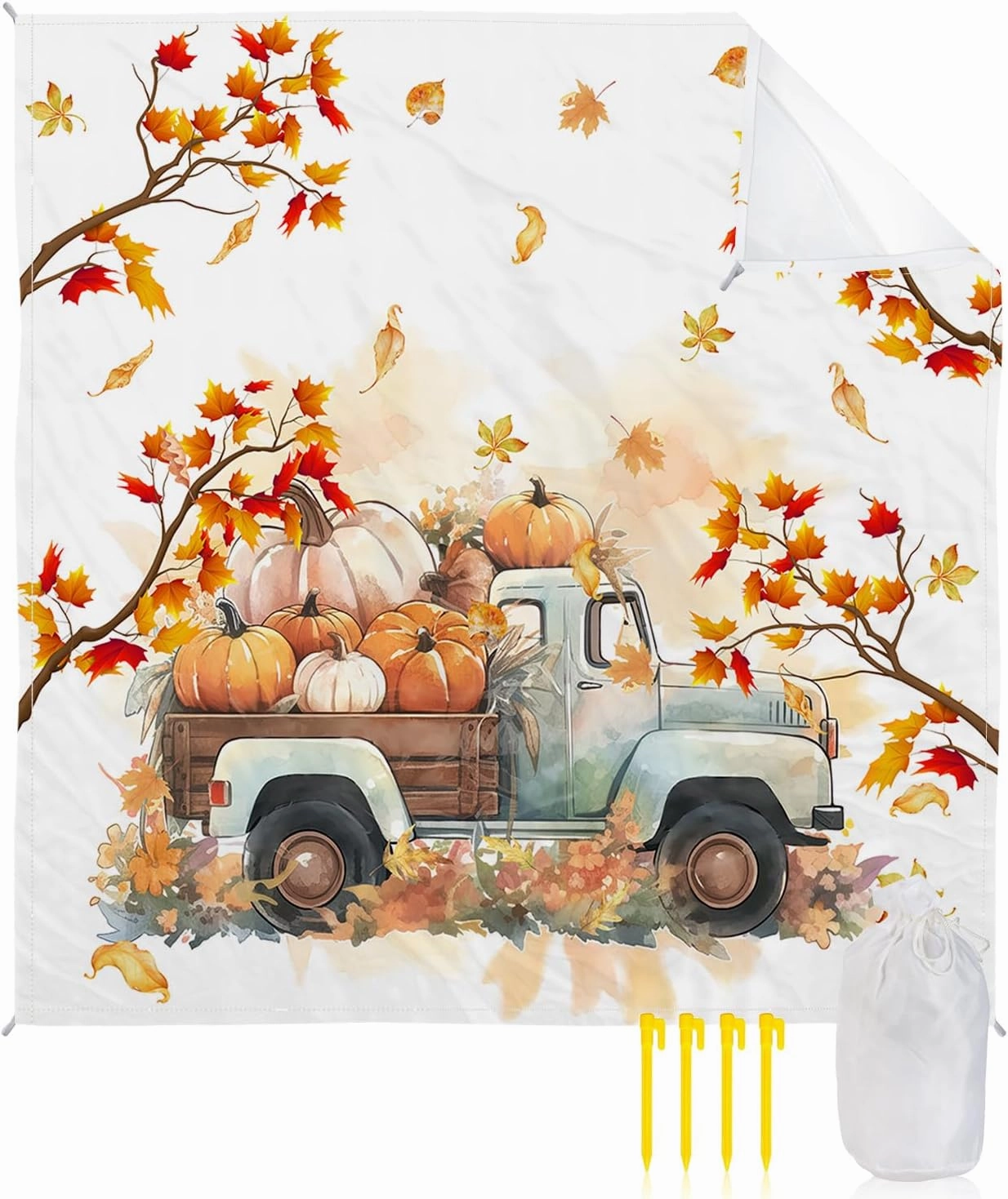 Beach Blanket, Pumpkin Truck Maple Leaf Thanksgiving Fall Sandproof Waterproof Outdoor Mat Quick Drying Beach Accessories for Vacation Holiday Picnic Camping, 79"x83" for 1-4 Adults