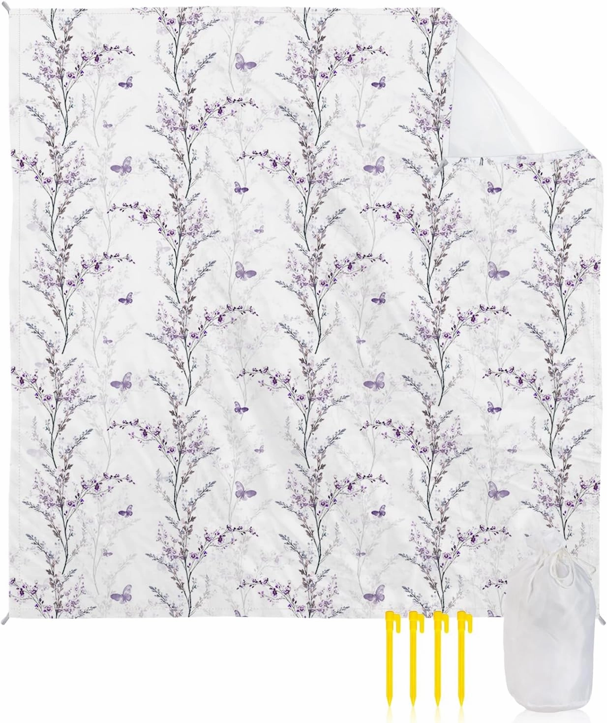 Beach Blanket, Purple Floral Butterfly Sandproof Waterproof Outdoor Mat Quick Drying Beach Accessories for Vacation Holiday Picnic Camping, 79"x83" for 1-4 Adults