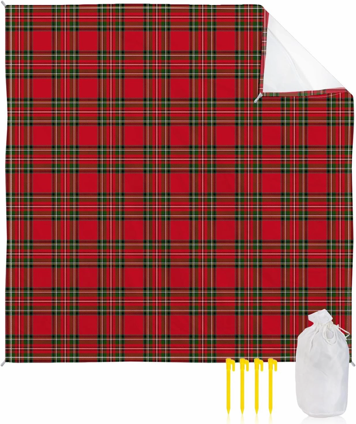 Beach Blanket, Red and Green Plaid Checked Sandproof Waterproof Outdoor Mat Quick Drying Beach Accessories for Vacation Holiday Picnic Camping, 79"x83" for 1-4 Adults