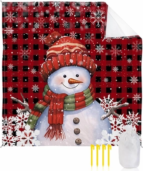 Beach Blanket, Red Plaid Snowman Snowflake Christmas Sandproof Waterproof Outdoor Mat Quick Drying Beach Accessories for Vacation Holiday Picnic Camping, 79"x83" for 1-4 Adults