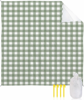 Beach Blanket, Sage Green White Buffalo Plaid Sandproof Waterproof Outdoor Mat Quick Drying Beach Accessories for Vacation Holiday Picnic Camping, 79"x83" for 1-4 Adults