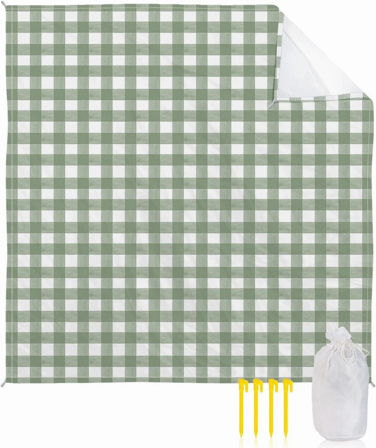 Beach Blanket, Sage Green White Buffalo Plaid Sandproof Waterproof Outdoor Mat Quick Drying Beach Accessories for Vacation Holiday Picnic Camping, 79"x83" for 1-4 Adults