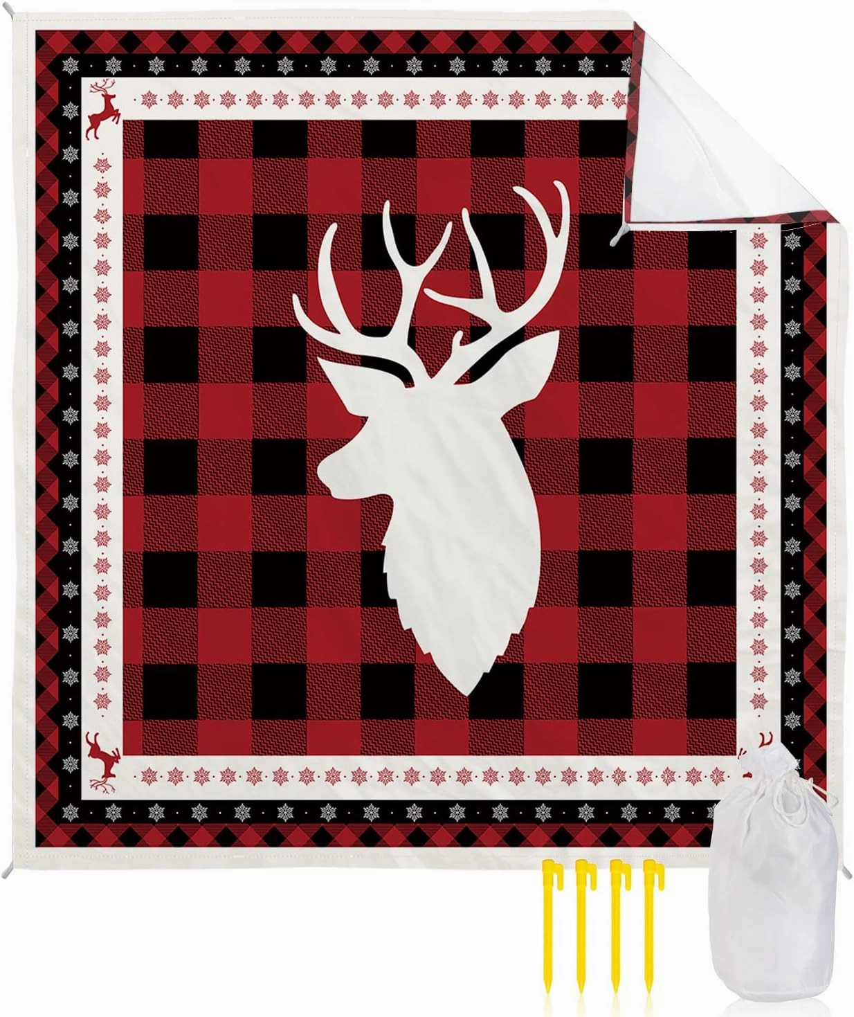 Beach Blanket, Snowflake Elk Head Red Black Buffalo Check Sandproof Waterproof Outdoor Mat Quick Drying Beach Accessories for Vacation Holiday Picnic Camping, 79"x83" for 1-4 Adults