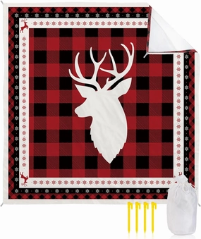 Beach Blanket, Snowflake Elk Head Red Black Buffalo Check Sandproof Waterproof Outdoor Mat Quick Drying Beach Accessories for Vacation Holiday Picnic Camping, 79"x83" for 1-4 Adults