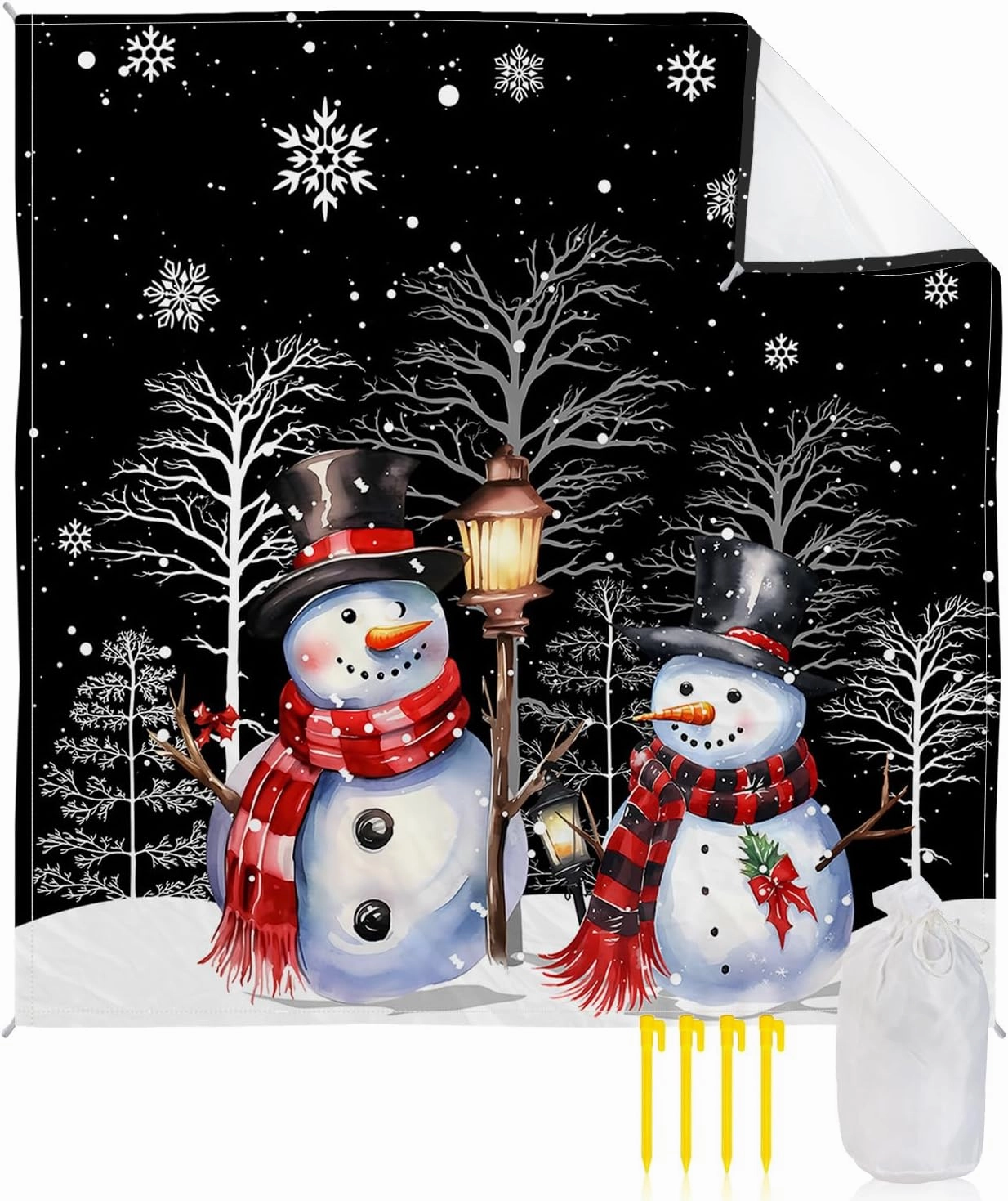 Beach Blanket, Snowman Snowflake Branch Christmas Black Sandproof Waterproof Outdoor Mat Quick Drying Beach Accessories for Vacation Holiday Picnic Camping, 79"x83" for 1-4 Adults
