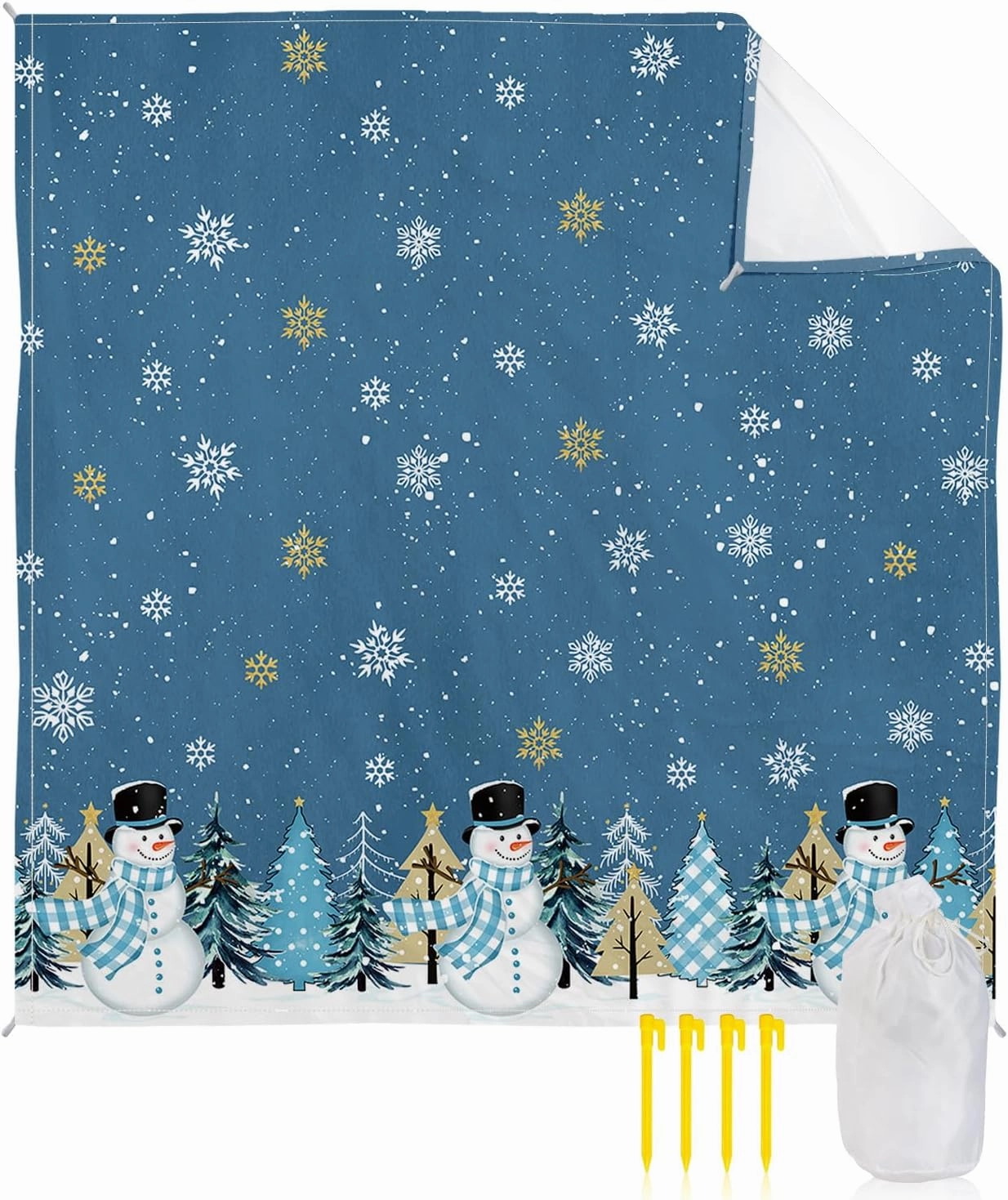 Beach Blanket, Snowman Xmas Tree Snowflake Blue Christmas Sandproof Waterproof Outdoor Mat Quick Drying Beach Accessories for Vacation Holiday Picnic Camping, 79"x83" for 1-4 Adults