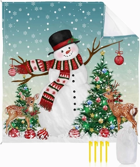 Beach Blanket, Snowman Xmas Tree Teal Green Yellow Gradient Sandproof Waterproof Outdoor Mat Quick Drying Beach Accessories for Vacation Holiday Picnic Camping, 79"x83" for 1-4 Adults