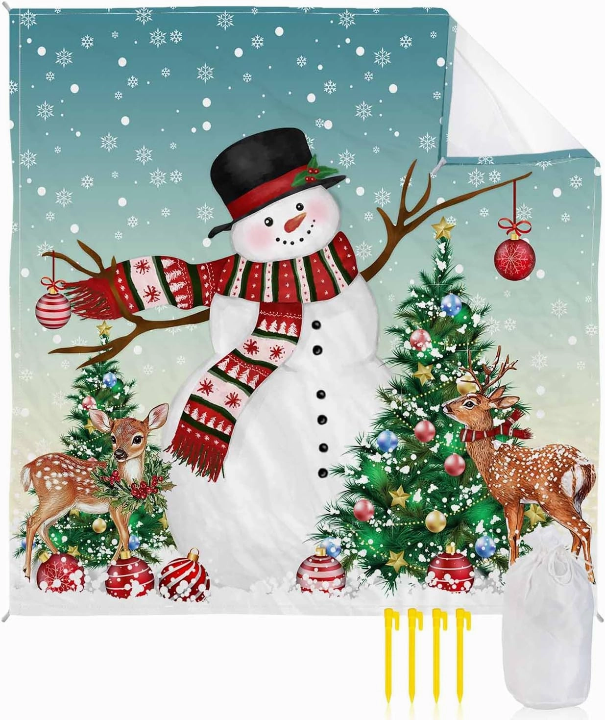 Beach Blanket, Snowman Xmas Tree Teal Green Yellow Gradient Sandproof Waterproof Outdoor Mat Quick Drying Beach Accessories for Vacation Holiday Picnic Camping, 79"x83" for 1-4 Adults