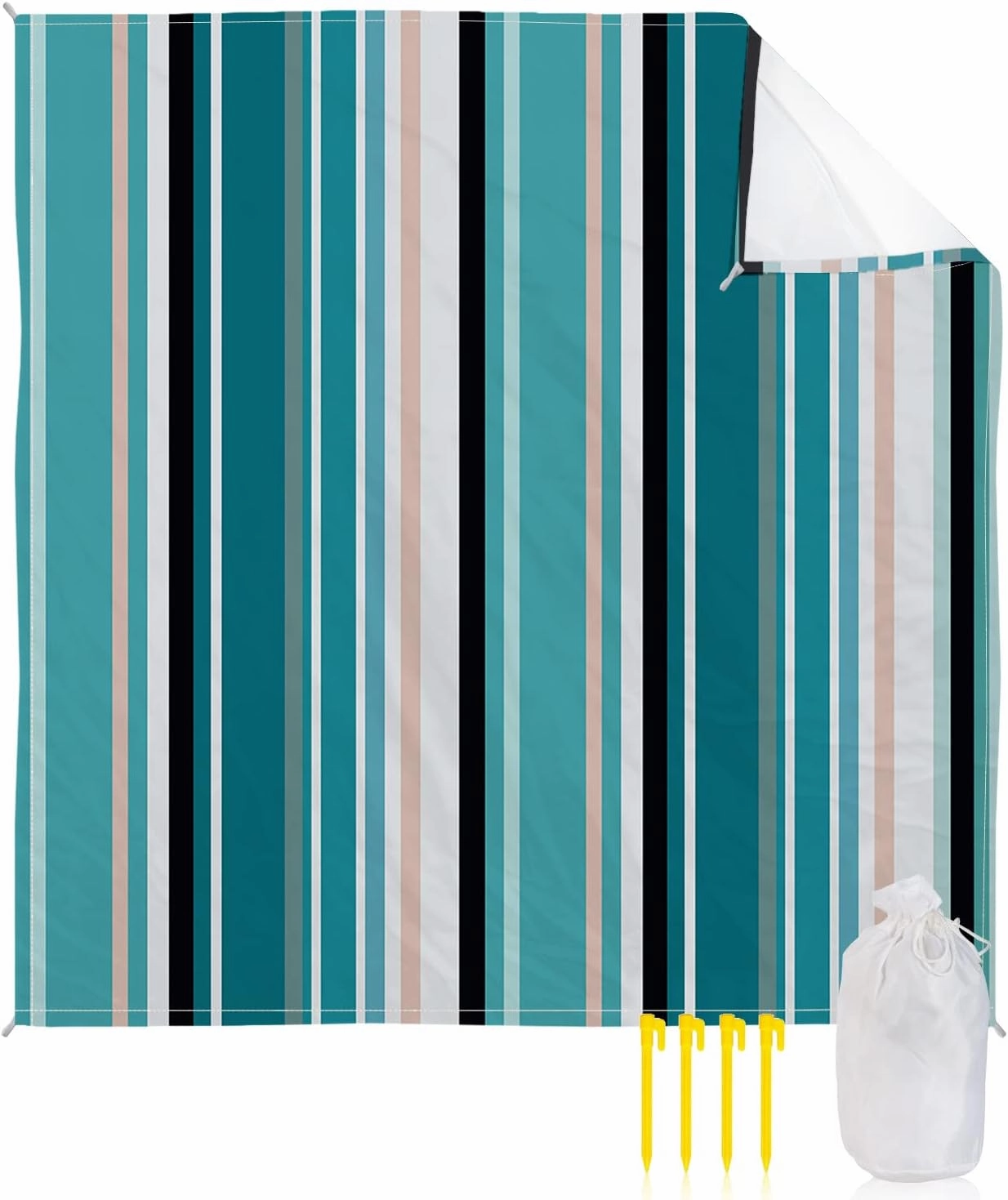Beach Blanket, Stripes Blue Green Sandproof Waterproof Outdoor Mat Quick Drying Beach Accessories for Vacation Holiday Picnic Camping, 79"x83" for 1-4 Adults