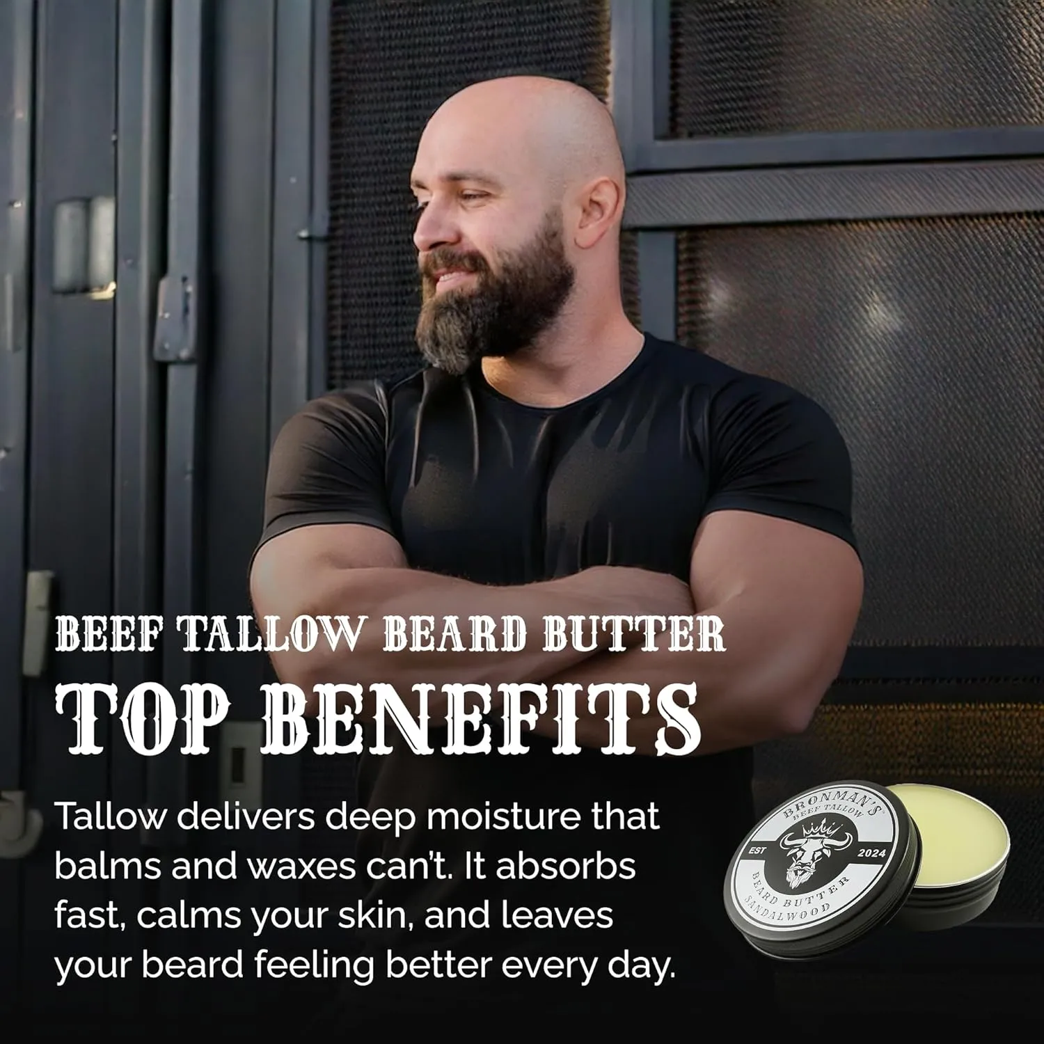 Beard Butter for Men with Beef Tallow - Hydrating Beard Moisturizer with Shea Butter - Deeply Moisturizing Beef Tallow for Mens Grooming - 4oz Sandalwood
