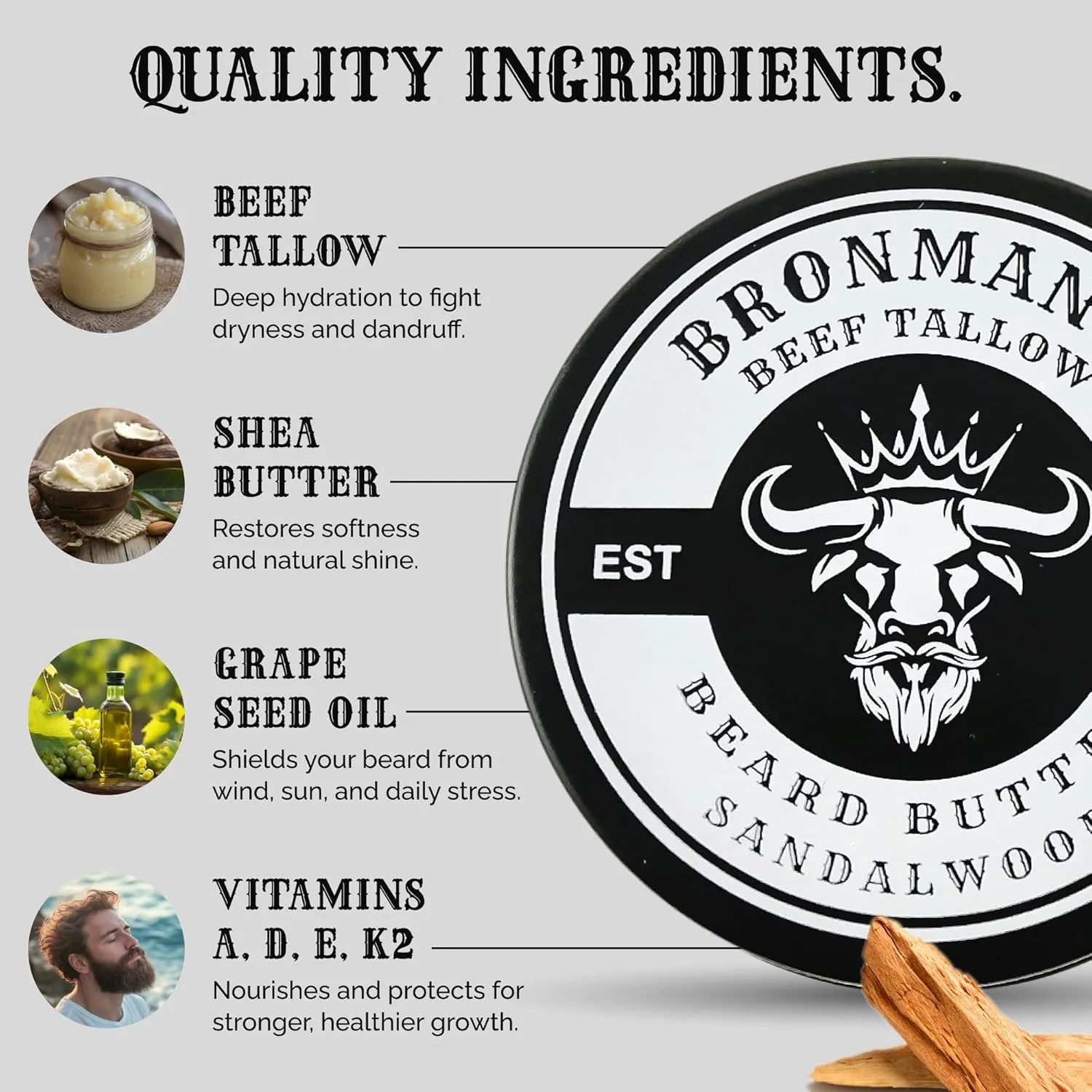Beard Butter for Men with Beef Tallow - Hydrating Beard Moisturizer with Shea Butter - Deeply Moisturizing Beef Tallow for Mens Grooming - 4oz Sandalwood