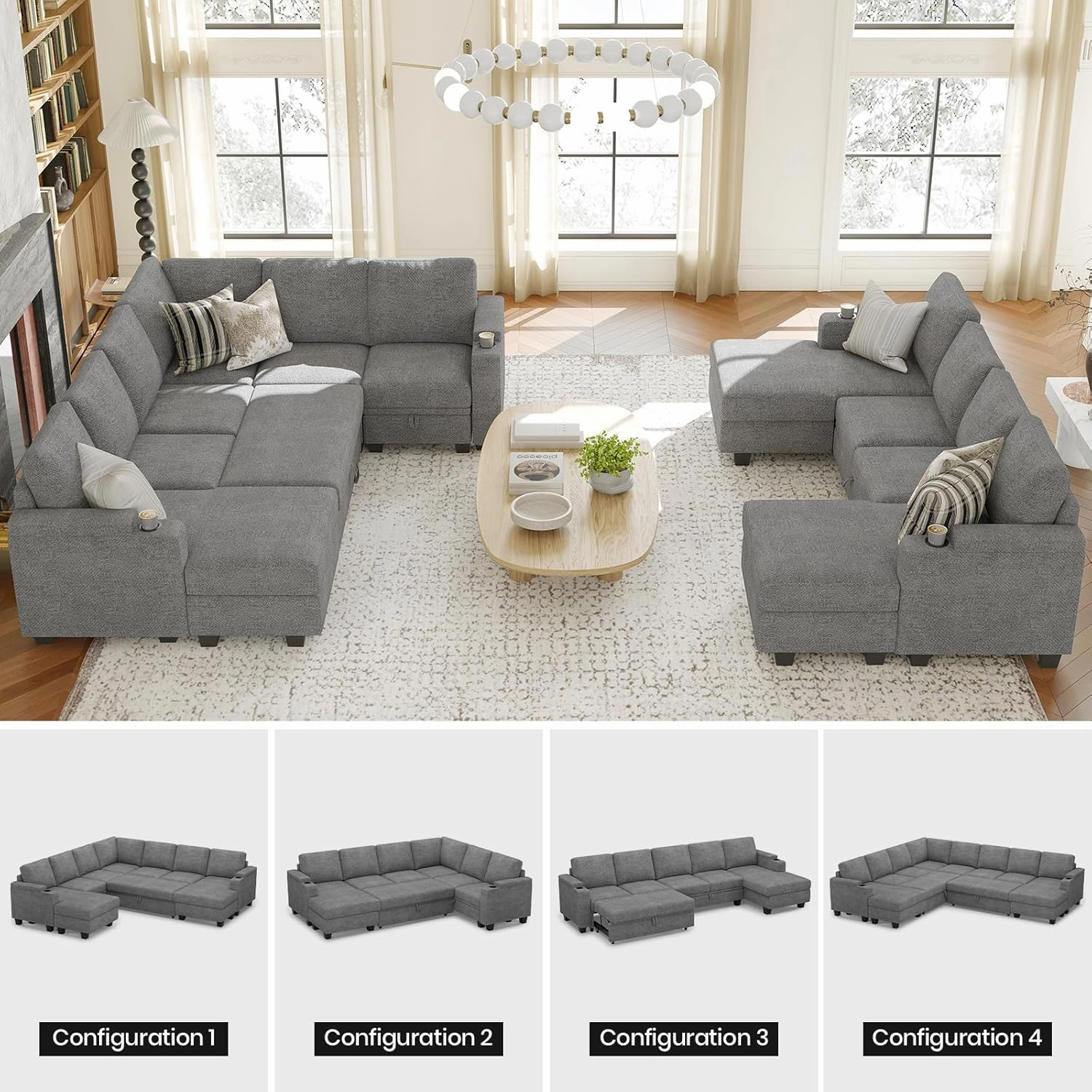 Belffin Modular Sectional Sofa with Pull Out Couch Bed Sectional Couch Convertible Sleeper Sofa with Cup Holder. Light Gery