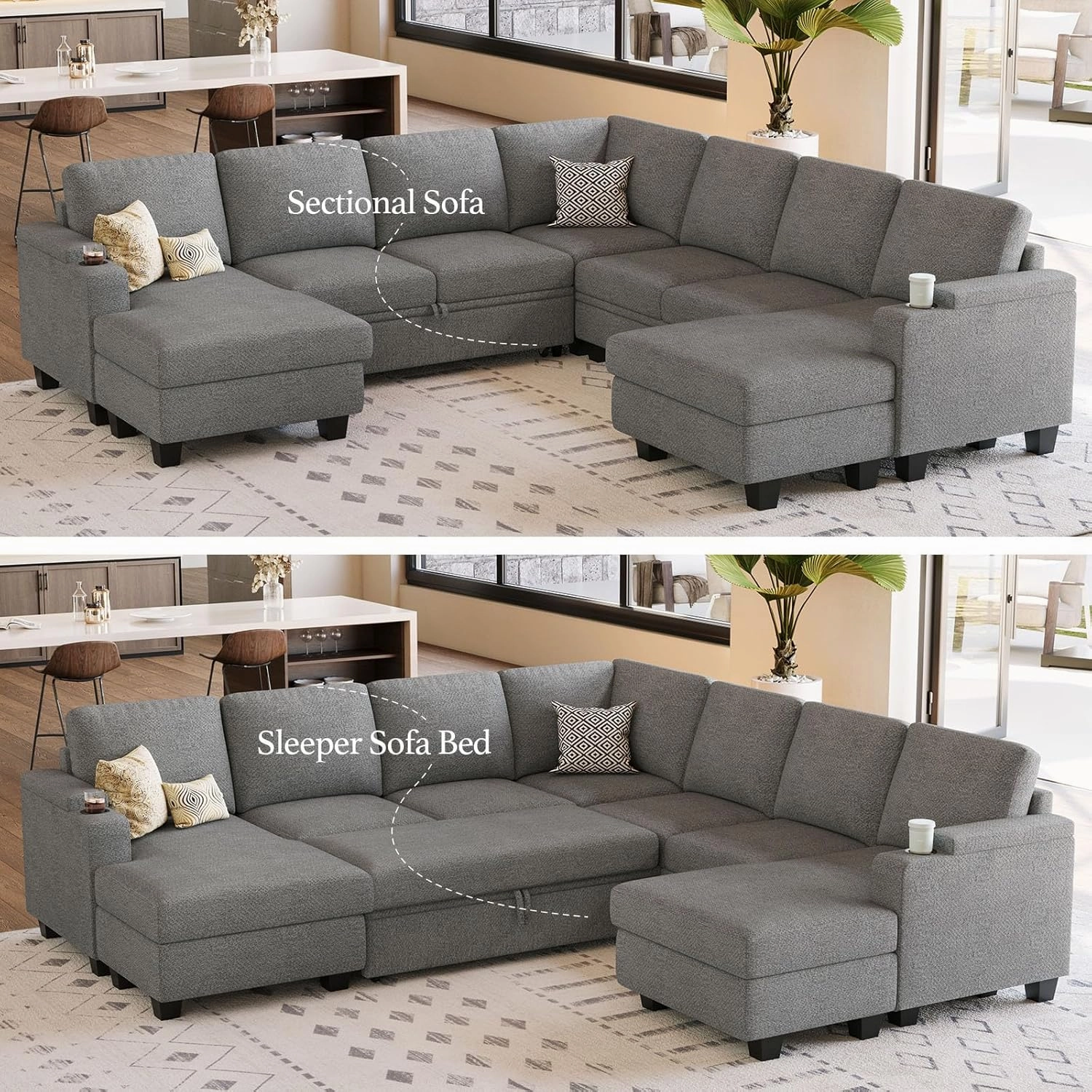Belffin Modular Sectional Sofa with Pull Out Couch Bed Sectional Couch Convertible Sleeper Sofa with Cup Holder. Light Gery
