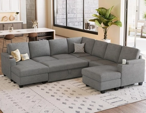 Belffin Modular Sectional Sofa with Pull Out Couch Bed Sectional Couch Convertible Sleeper Sofa with Cup Holder. Light Gery