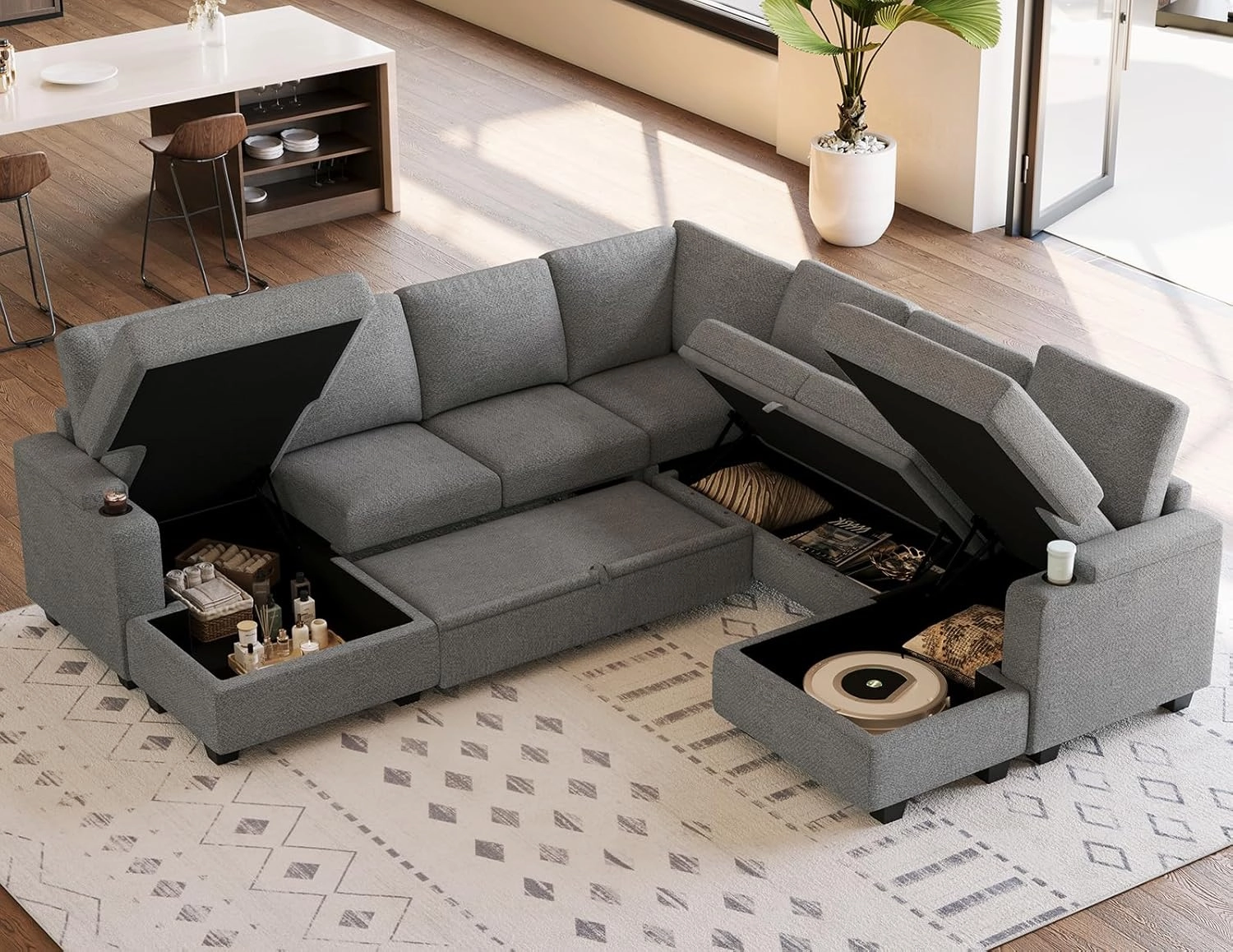 Belffin Modular Sectional Sofa with Pull Out Couch Bed Sectional Couch Convertible Sleeper Sofa with Cup Holder. Light Gery