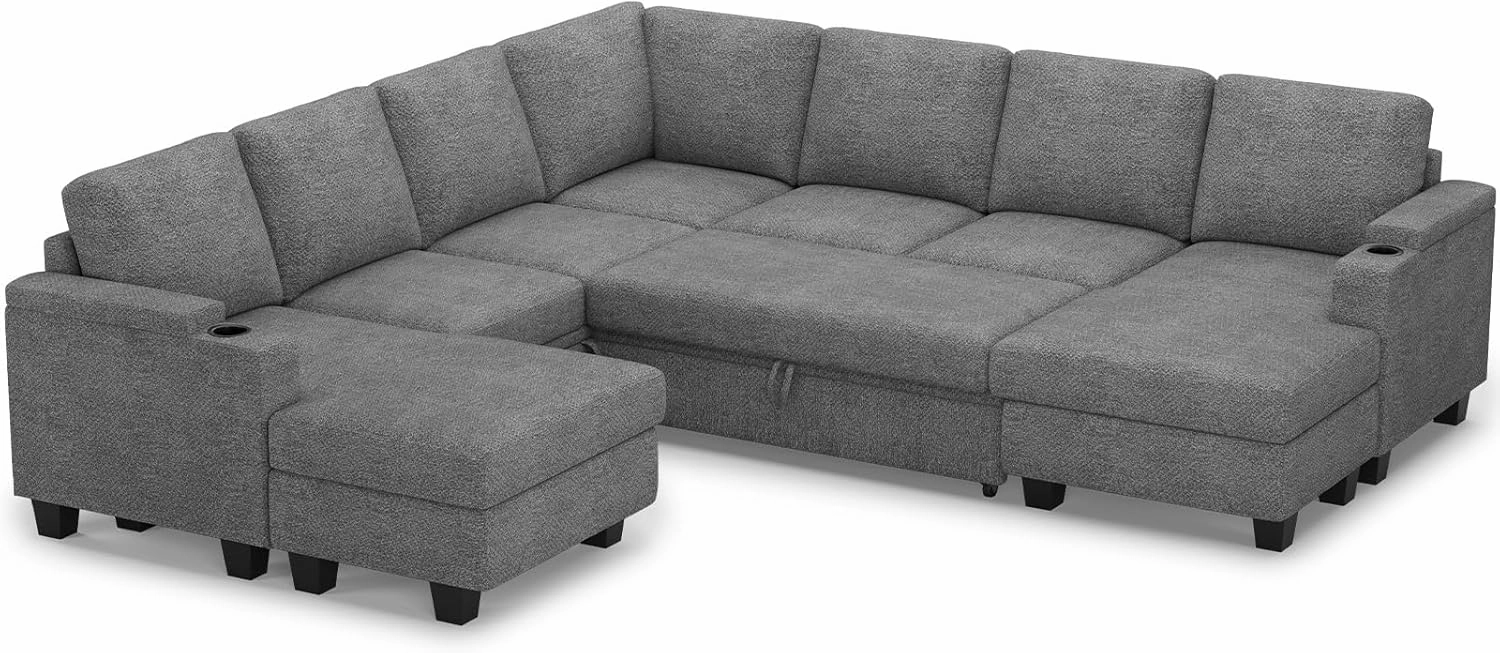 Belffin Modular Sectional Sofa with Pull Out Couch Bed Sectional Couch Convertible Sleeper Sofa with Cup Holder. Light Gery