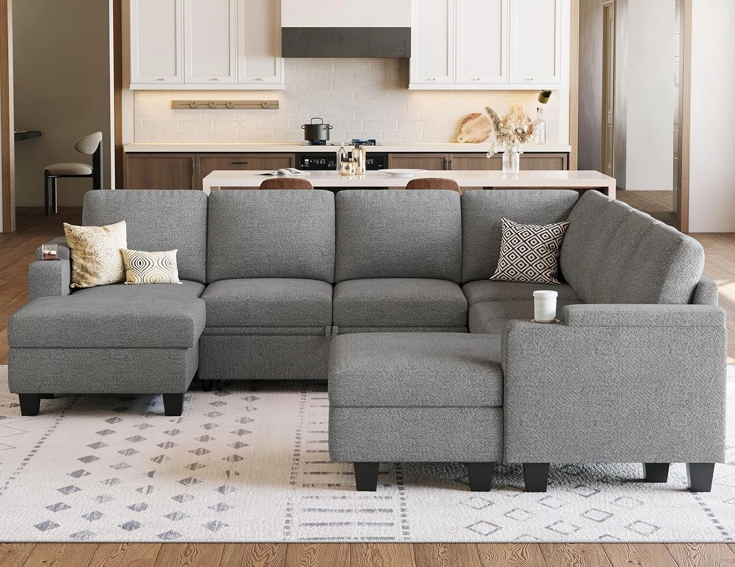 Belffin Modular Sectional Sofa with Pull Out Couch Bed Sectional Couch Convertible Sleeper Sofa with Cup Holder. Light Gery