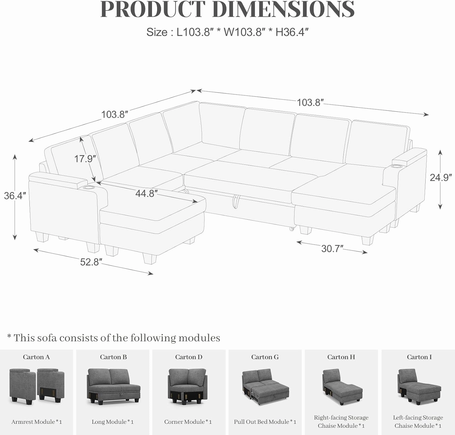 Belffin Modular Sectional Sofa with Pull Out Couch Bed Sectional Couch Convertible Sleeper Sofa with Cup Holder. Light Gery