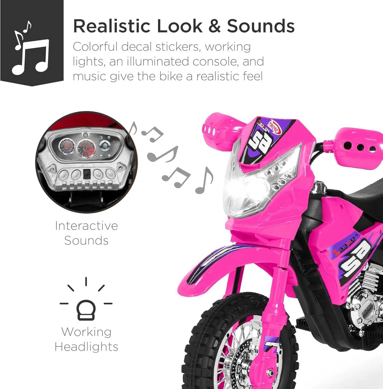 Best Choice Products Kids 6V Ride On Motorcycle w/Treaded Tires, Working Headlights, 2mph Top Speed, Training Wheels, Realistic Sounds, Music, Battery Charger - Hot Pink