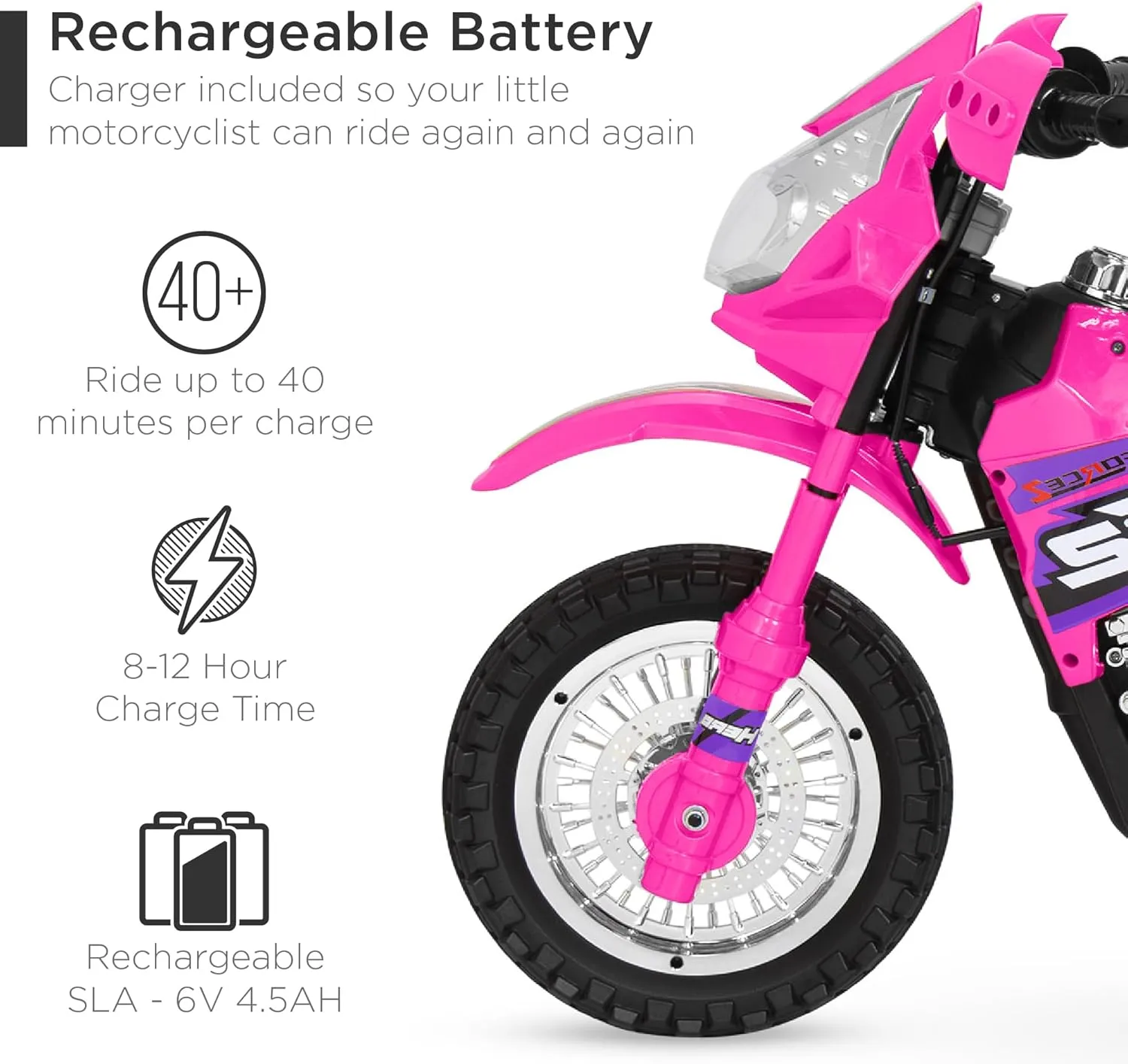 Best Choice Products Kids 6V Ride On Motorcycle w/Treaded Tires, Working Headlights, 2mph Top Speed, Training Wheels, Realistic Sounds, Music, Battery Charger - Hot Pink