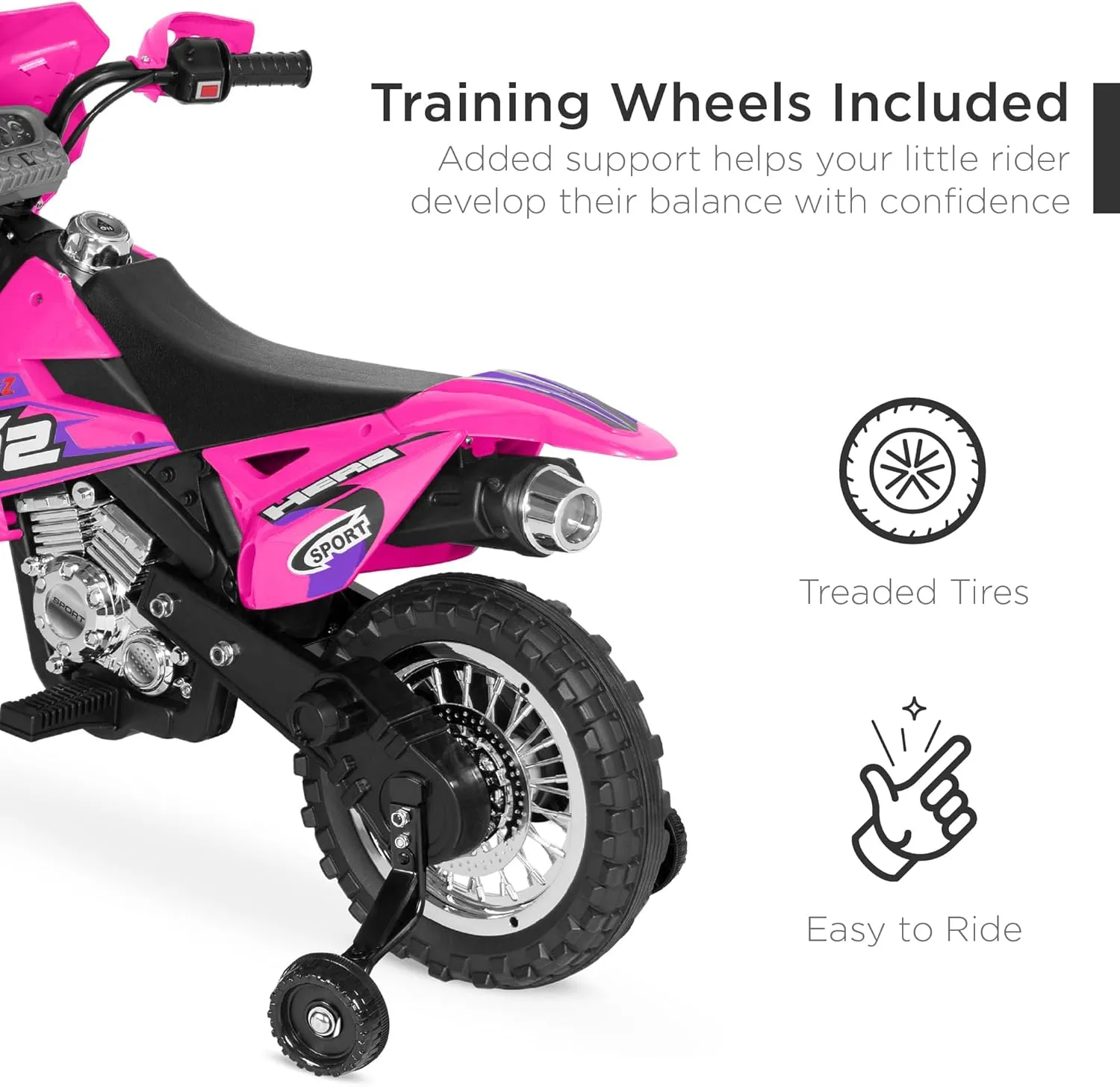 Best Choice Products Kids 6V Ride On Motorcycle w/Treaded Tires, Working Headlights, 2mph Top Speed, Training Wheels, Realistic Sounds, Music, Battery Charger - Hot Pink