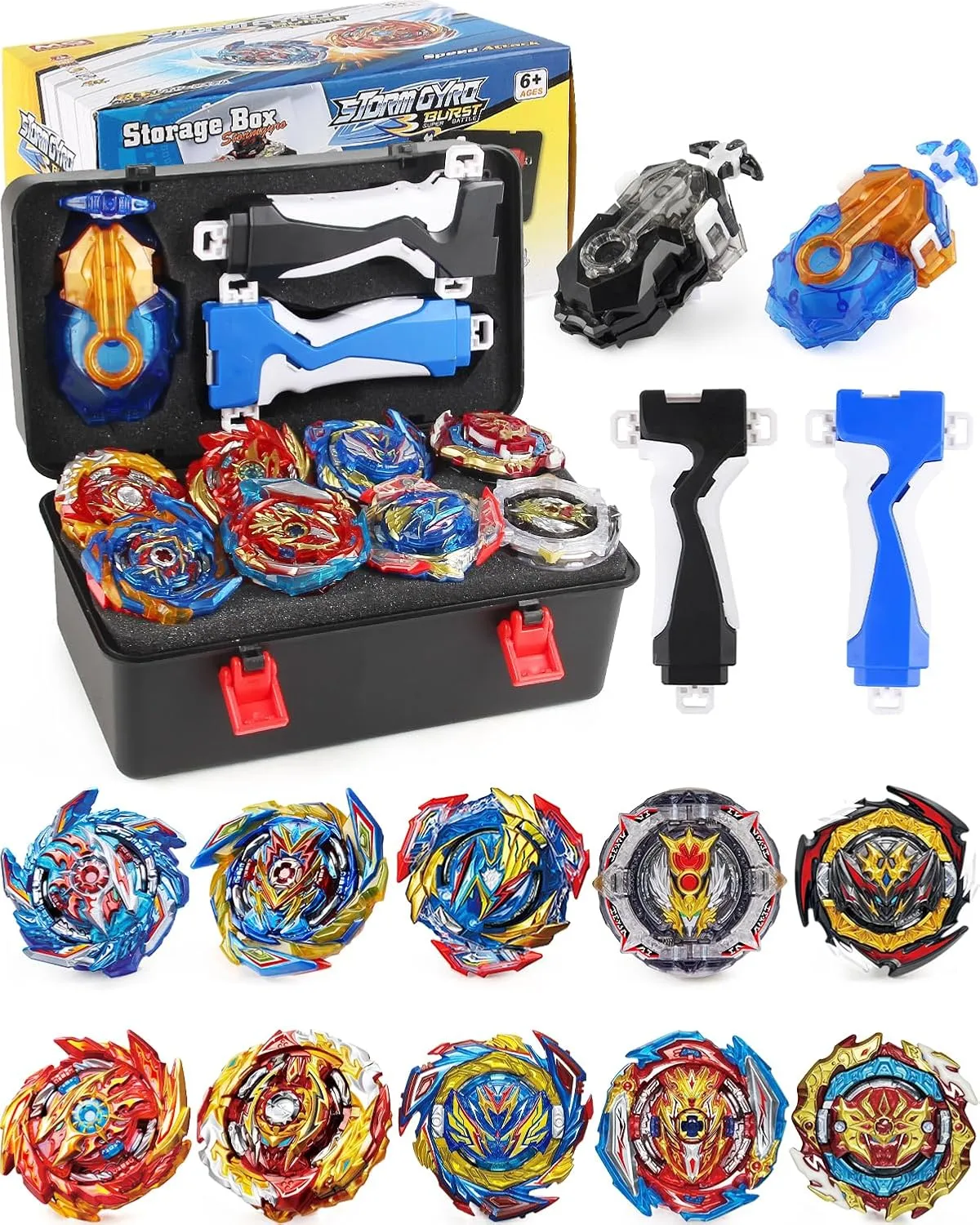 Bey Battling Burst Gyro Bay Blade Toy Set Portable Box Metal Fusion Attack Top Battle Game 10 Spinning Tops 2 Two-Way Launchers 2 Grips Gyro Toys Set Gifts for 8-12 Kids Children Boys Ages 6 
