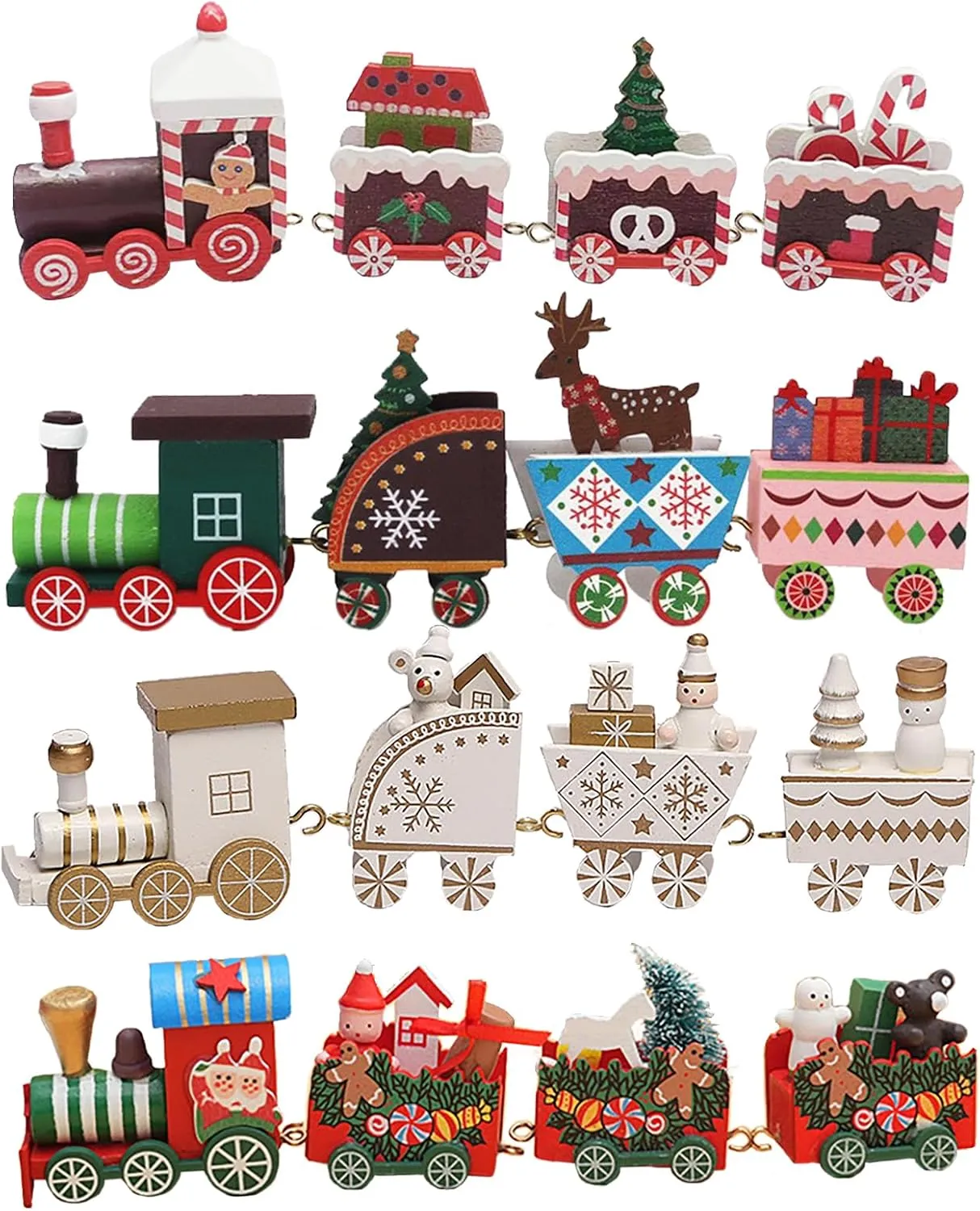BFYDOAA 4pcs Wooden Mini Trains Figurines Set Miniature Painted Christmas Train Ornaments for Christmas Tree, Xmas Tabletop Scenes