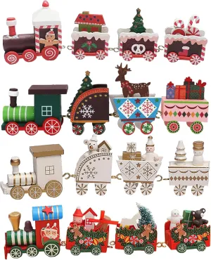 BFYDOAA 4pcs Wooden Mini Trains Figurines Set Miniature Painted Christmas Train Ornaments for Christmas Tree, Xmas Tabletop Scenes