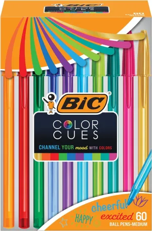 BIC Color Cues Pen Set (WMSUA60-AST), 60-Count Pack, Assorted Colors, Fun Color Pens for School Supplies, Includes Cristal Xtra Smooth Ballpoint Pens
