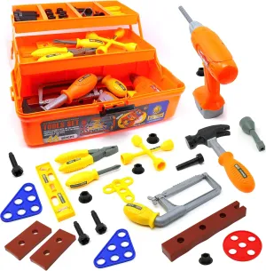 Big Mo's Toys Tool Box - Pretend Play STEM Three Tier Educational Tool Kit with Air Power Drill for Kids Toddler Gift of All Ages - 46 Piece Set