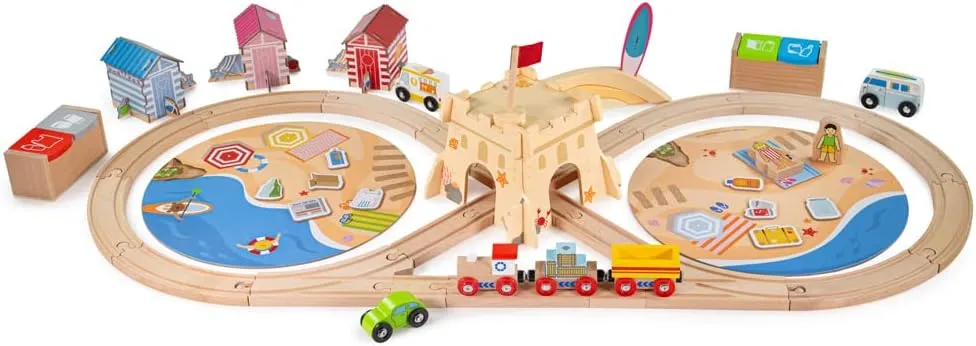 Bigjigs Rail, Coastal Clean UpTrain Set, Wooden Toys, Wooden Train Set, Wooden Toys for 3 4 5 6 Year Olds, Train Toy, Wooden Train Track, Traditional Train Set