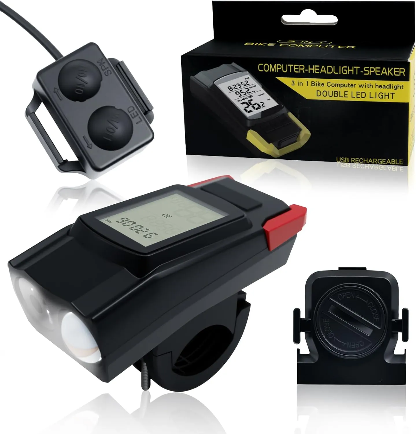 Bike Lights, Bicycle Light with Bike Computer Set,USB Rechargeable IPX4 Waterproof, Front LED Lights with Smart Battery Display & Horn Sounds, Integrated Speedometer & Odometer