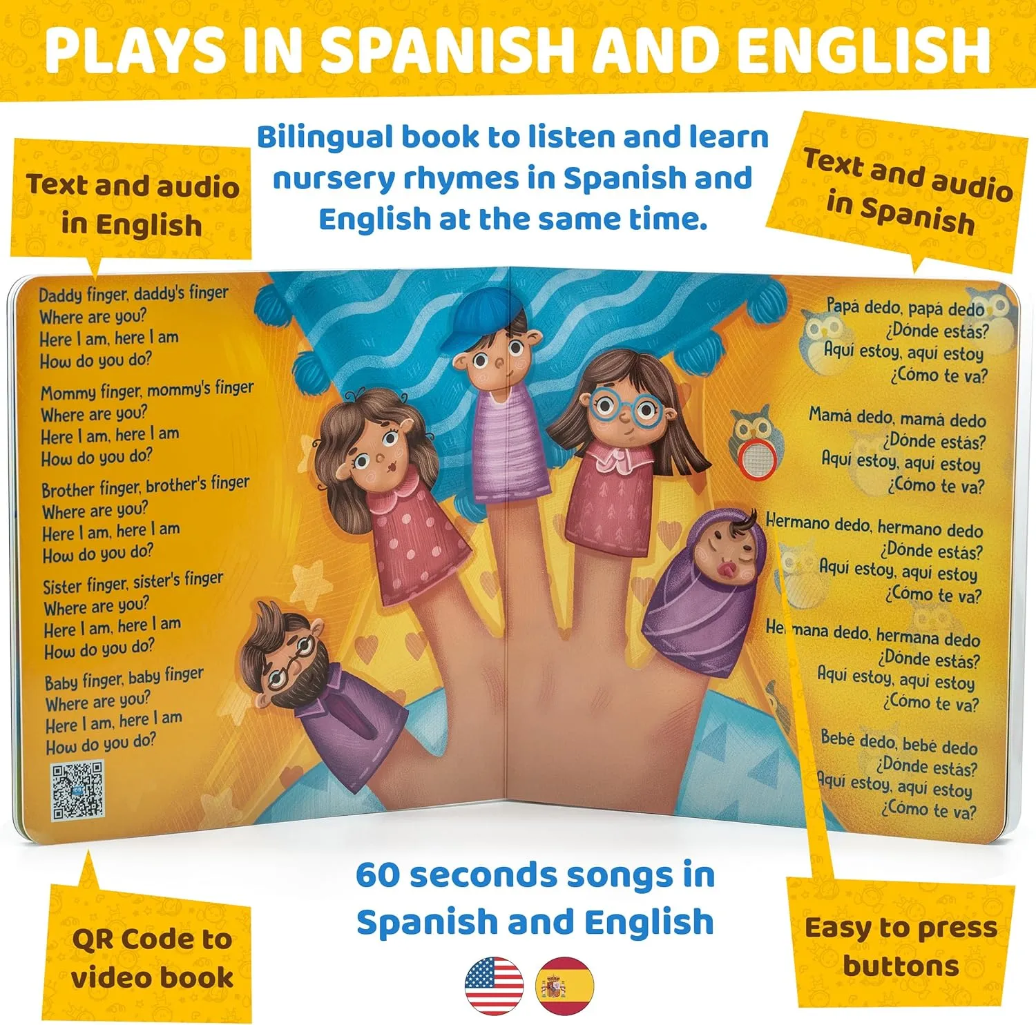 Bilingual Baby Books Spanish & English - Nursery Rhyme Books for Babies and Toddlers with Sound: Great Book to Learn Spanish for Kids, Award Winning Bilingual Sound Books Learning Toys by GUFINO