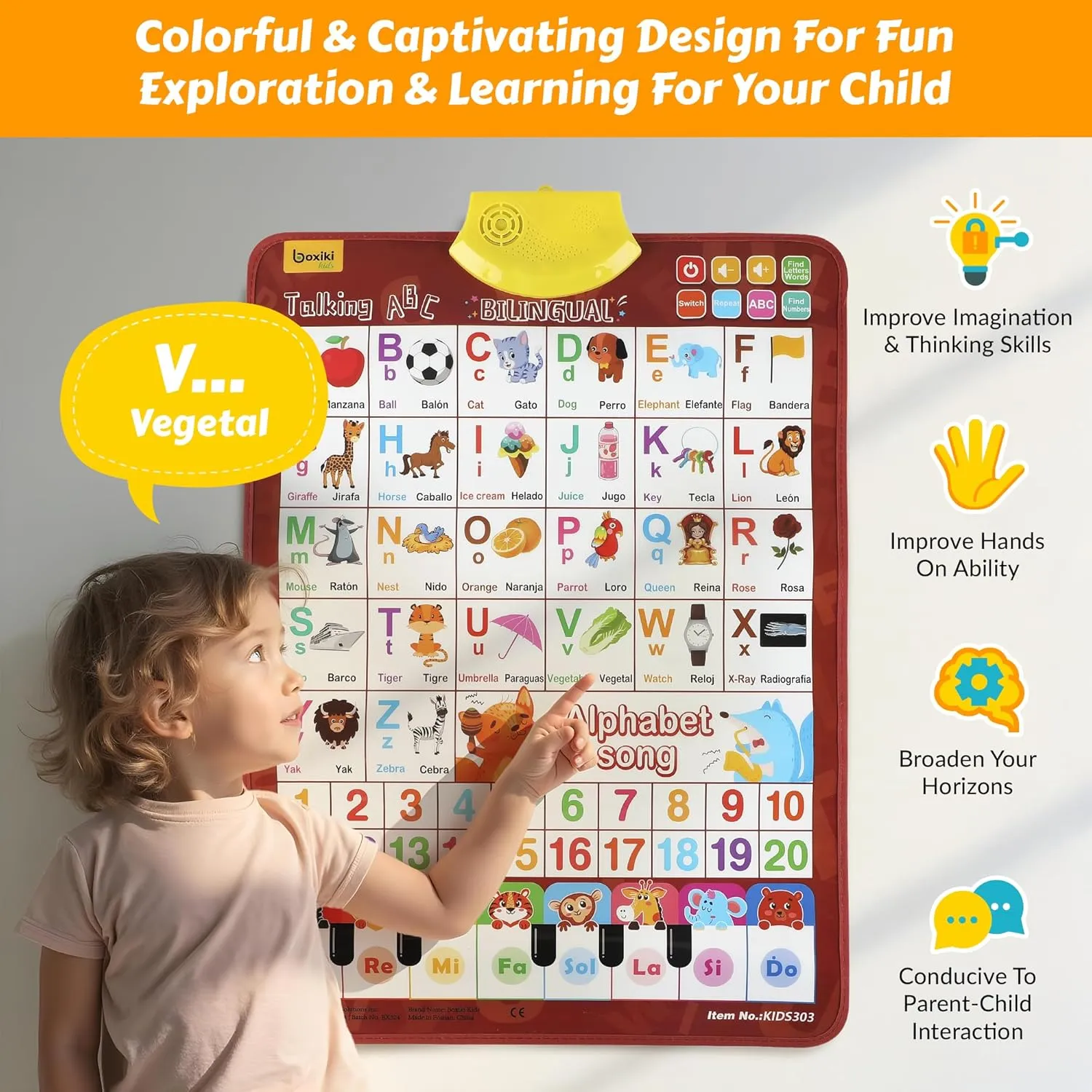 Bilingual English & Spanish Learning Interactive Alphabet Wallchart - Includes Talking ABC, 123s & Music Poster - Educational Kids Learning Toy, Educational Gift for 3  Years Old Girls & Boys